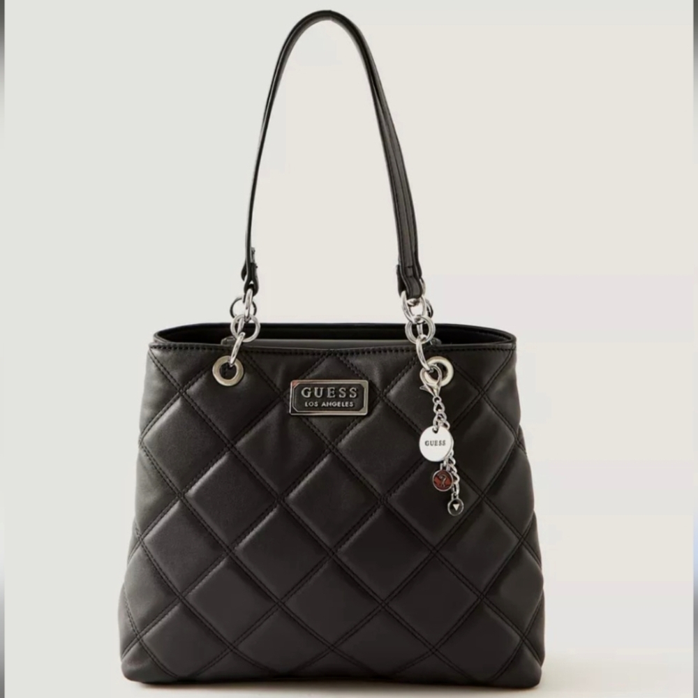 GUESS Faux Leather Black Quilted Shoulder Bag Silver Chain Charm